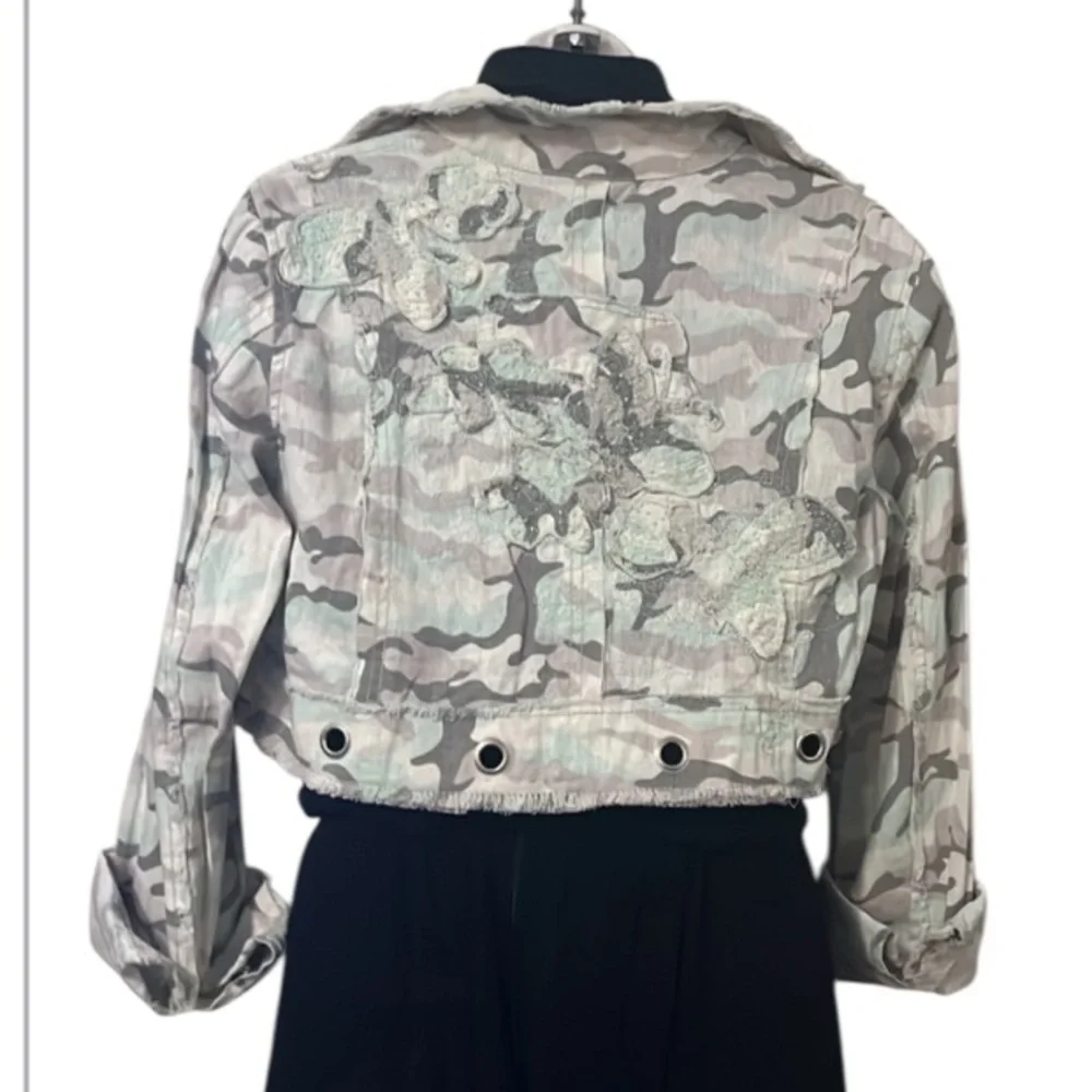 Mur Mur Anthro Camo Linen Cropped Embroidered Beaded Embellished Jacket Sz M